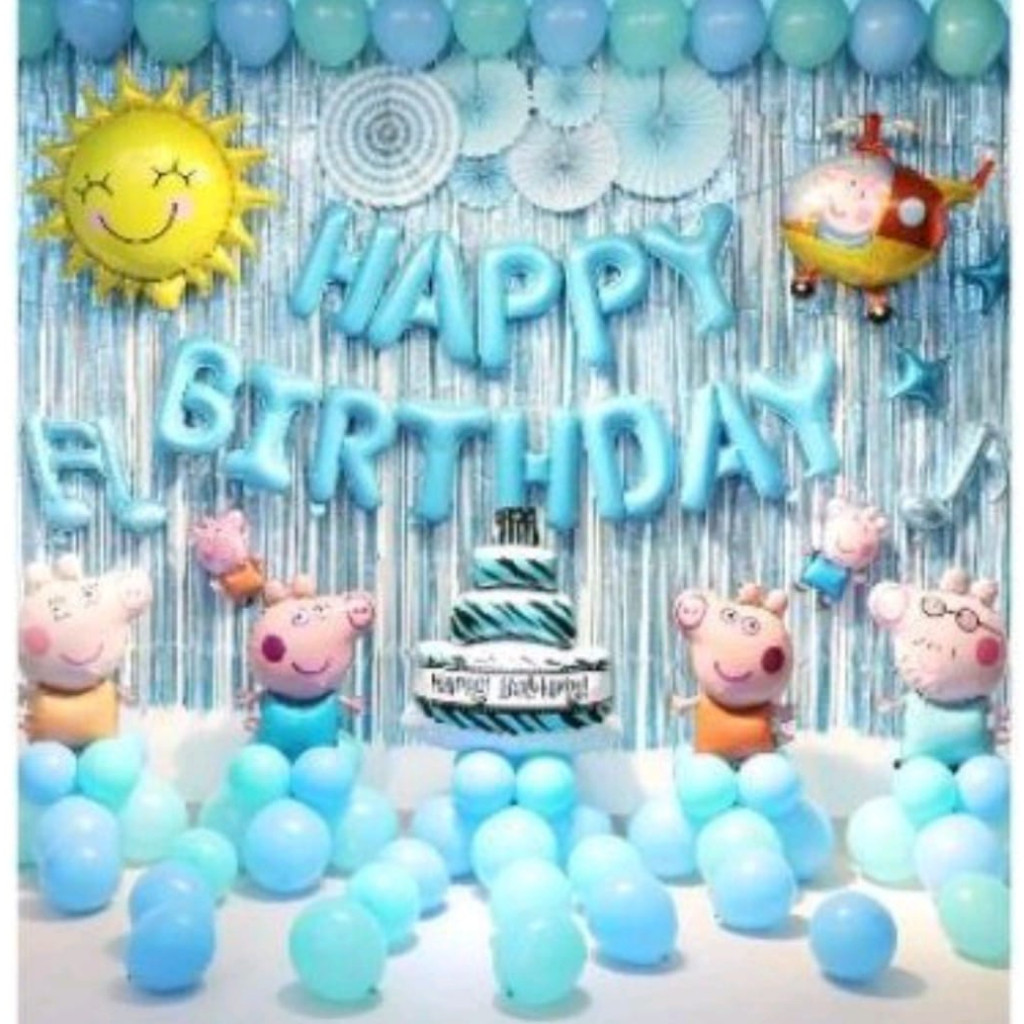Paket Dekorasi Ulang Tahun Anak Tirai Biru & Balon Happy Birthday Warna Biru Dan Angka Gold