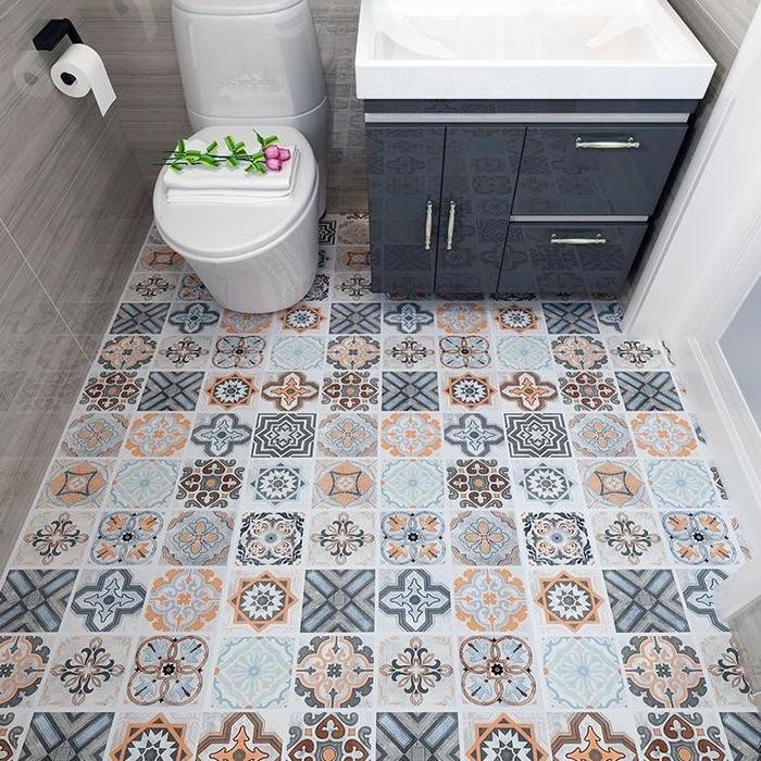 Lantai PVC Stiker Perekat Diri Stiker Lantai Kamar Mandi Toilet Tahan *