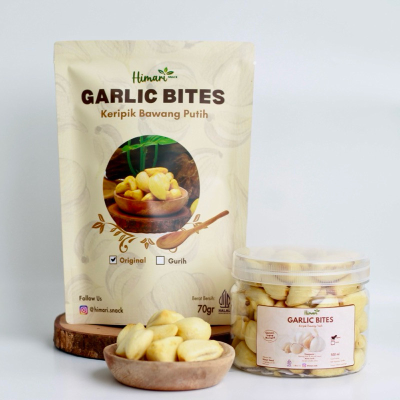 

Keripik Bawang Putih Himari Garlic Bites Snack Cemilan Sehat Kemasan Pouch 70gr dan Toples 350-500ml