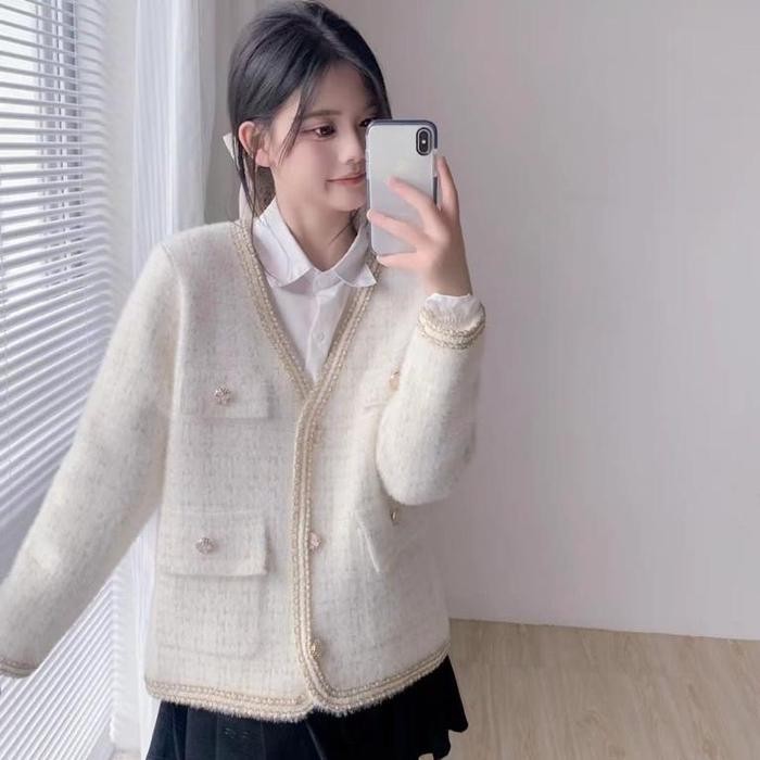 Cardigan Blazer Tweed Motif Kotak Lengan Panjang 6020