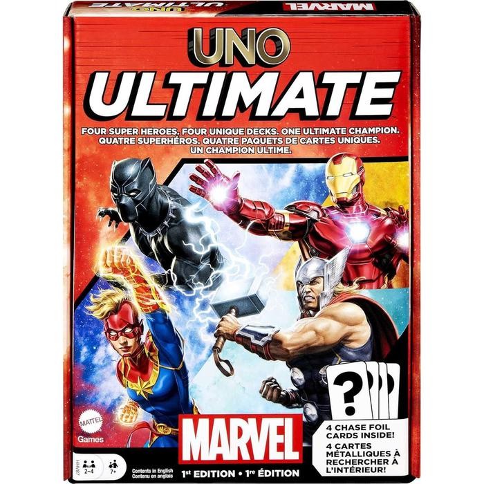 Mattel UNO Ultimate Marvel Card Game with 4 Collectible Foil Cards, Character-Themed Decks & Special