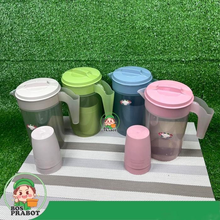 JTTOP" TEKO PLASTIK BERANAK 1 LITER DENGAN GELAS TEKO - KITCHENWARE TEA BIRU HIJAU PINK