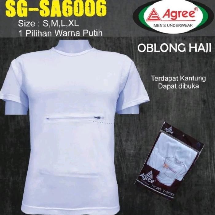 TERPERCAYA AGREE Kaos Oblong Haji Umroh Kantong Depan Resleting Dewasa Pria Putih Baju Pendek Distro