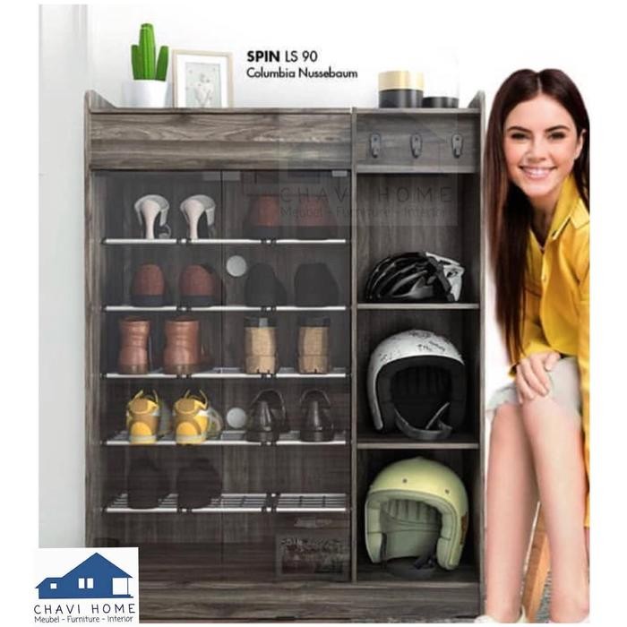 Rak sepatu dengan rak samping rak helm warna gelap pintu kaca