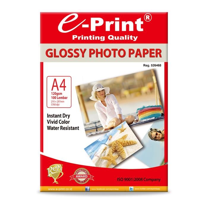 

KERTAS FOTO GLOSSY PHOTO PAPER 120GSM A4 100LEMBAR E-PRINT