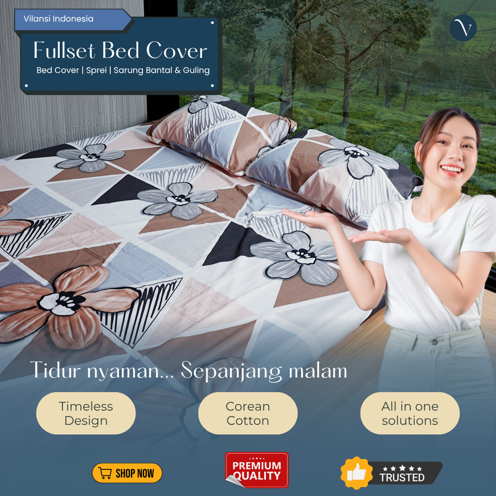 Vilansi REINA - Sprei & Bed Cover - Bahan Katun Korea - Motif Floral - Kamar Lebih Cerah & Fresh - S