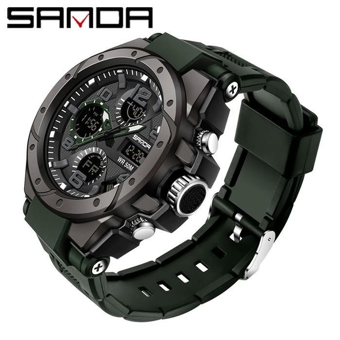 SANDA Jam Tangan Kuarsa Mewah Pria G Style Shock Militer Tentara Pria Tahan Air Olahraga LED Digital
