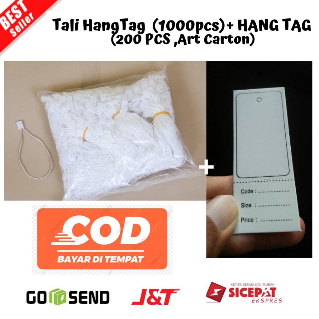

(PAKET A1) Tali HangTag ISI 1pcs + HANG TAG ISI 200 PCS ,Bahan art carton Tali Gantungan Label Baju