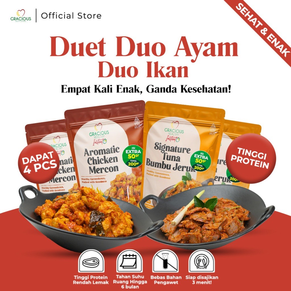 

Gracious Duet 2 Ayam & 2 Ikan Aromatic Chicken Mercon Sopan 2pcs + Tuna Bumbu Daun Jeruk 2pcs