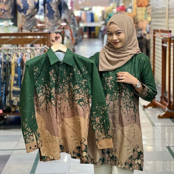 Nayya- Batik Tunik Wanita Couple Bahan Katun Solo Premium Motif Tulip Hijau Botol