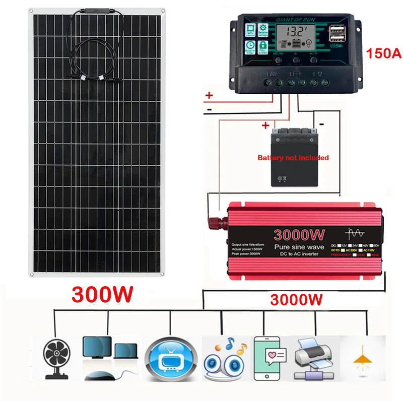 300W Solar Panel 12V to 110V/220V 3000W Pure Sine Wave Inverter Solar Power System Kit Battery Charg