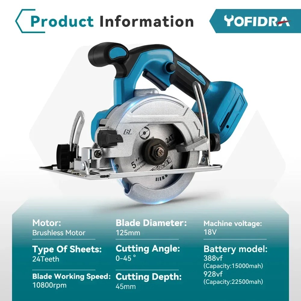 Yofidra 5 Inch Brushless Circular Saw 125mm Cordless Electric Saw Angle Adjustable Wood Cuttiing Mac