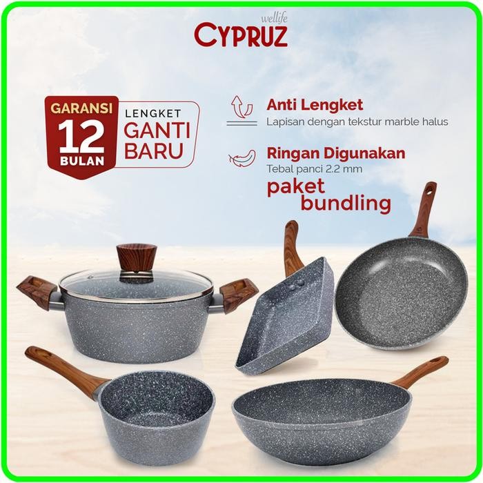 (PAKET BUNDLING) PANCI CYPRUZ SET Cypruz PAKET Set Pan Marble 5pcs Panci Wajan Penggorengan Induksi