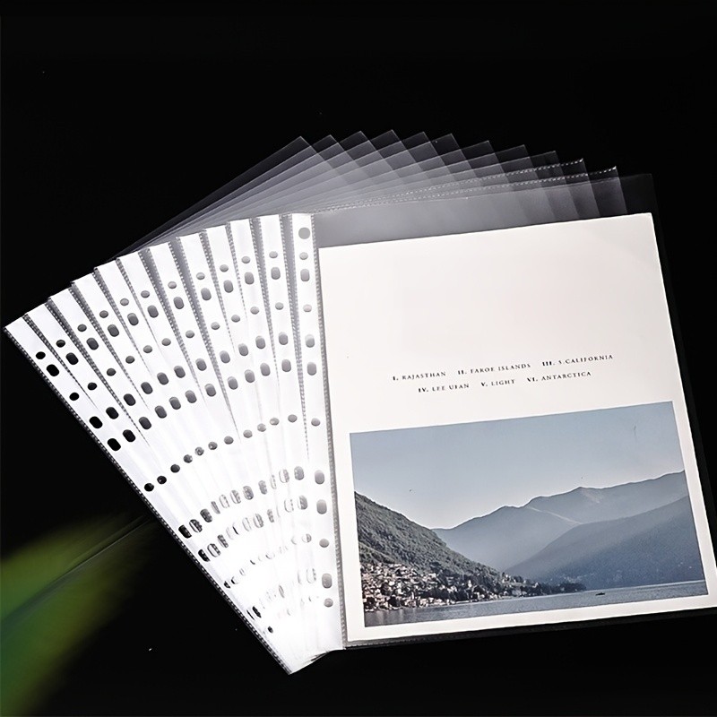 

100Pcs A4 11 Holes Loose Leaf Plastic Punched Pockets Folders Documents Sheet Protectors Filing