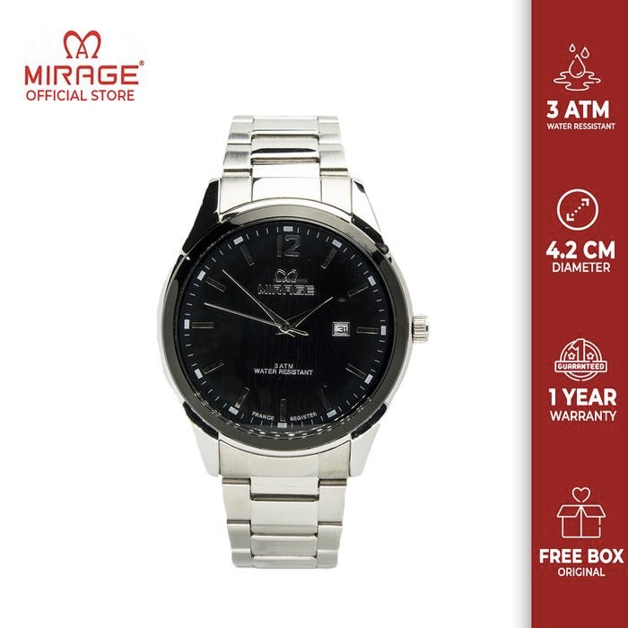 Jam Tangan Pria Sport Kaca Cembung Mirage Silver 7570M PH Latar Hitam