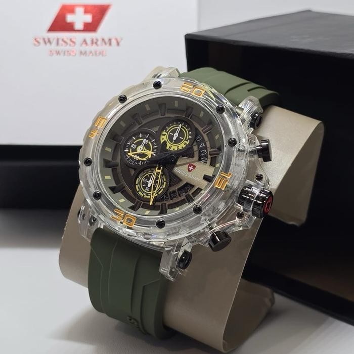Jam tangan pria Swiss army 9205 transparan Analog Santai Kaca