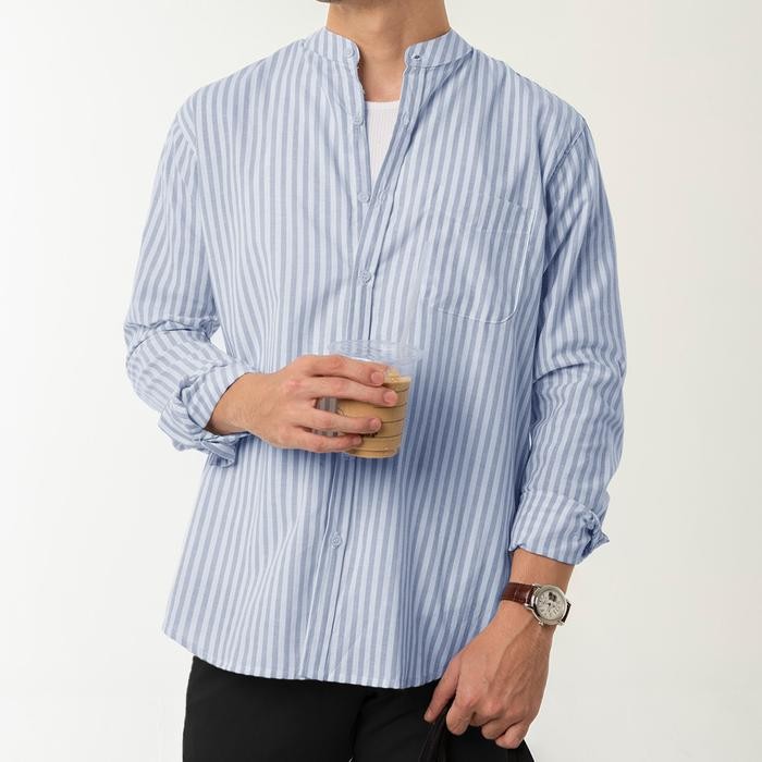 Modo- Kemeja Pria Garis Woodcutter Collarless Butcher Stripe Kerah Shanghai - Blue Biru