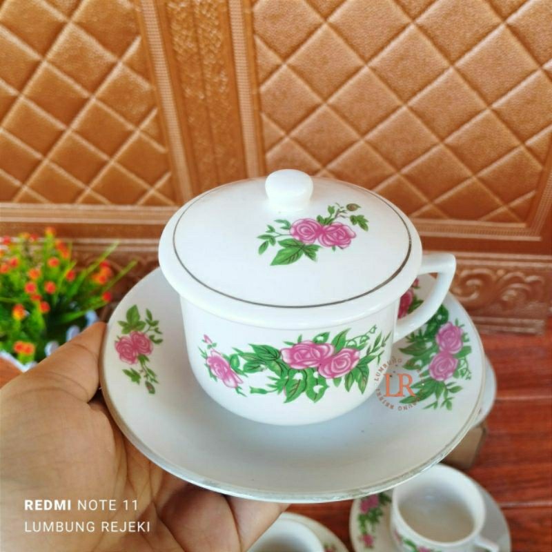 Bombardilomedis Set Cangkir Kopi Klasik Jadul Vintage Tutup / Cangkir Keramik Jadul Klasik Warkop /