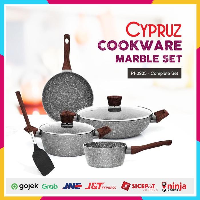 Terbaru Cyprus Pi-0903 Paket Marble Cookware / Grey Marble Complete Set
