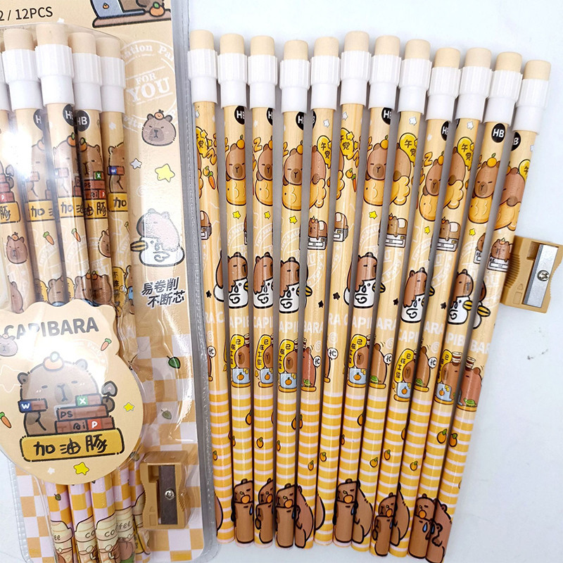 

1Pack Cartoon Capybara Hb Pencils 12 Pencils& 1 Pencil Roller Stationery Box Set, Student Writing