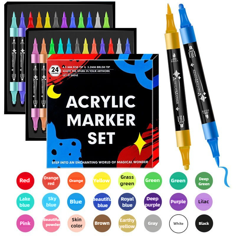 

24/12 Colors Dual Tip Acrylic Paint Pens Marker For Rock Painting Wood Canvas Plastic Metal For Diy
