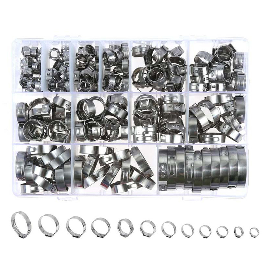 

185Pcs 304 Stainless Steel Single Ear Hose Clamps, 5.3-33.1Mm Stepless Cinch Rings Crimp Hose Clamps