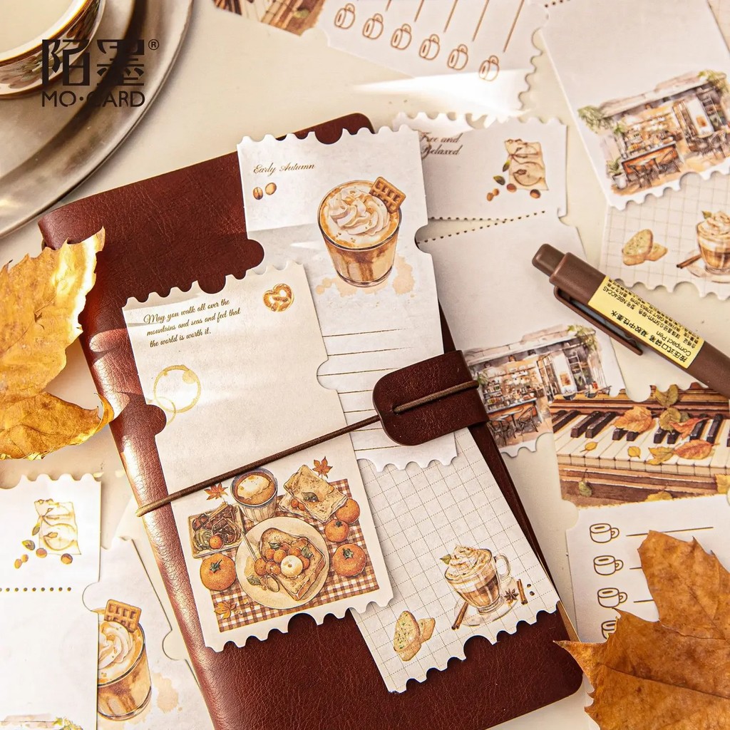 

50Pcs White Kraft Paper Note Pad Coffee Break Series Watercolor Autumn Theme Message Note Pad