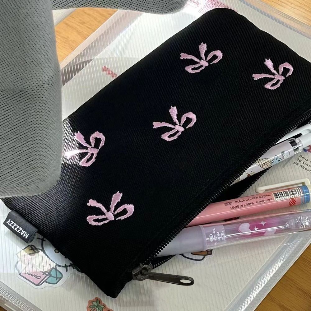 

New Canvas Cute Embroidered Bag Lovely Print Bowknot Stationery Bag Square Shape Pencil Case