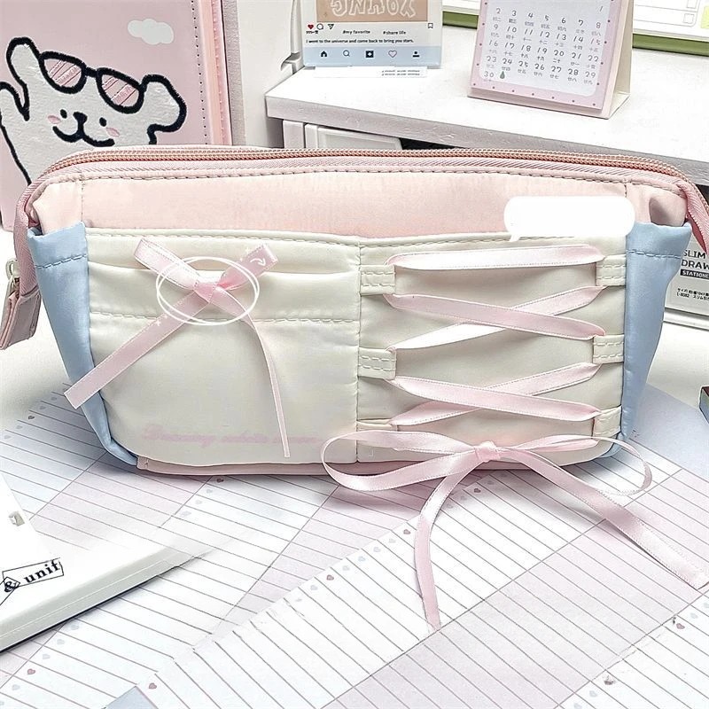 

Sweet Korean Pink Color Pencil Case For Girl Creative Design Simplicity Stationery Bag Large