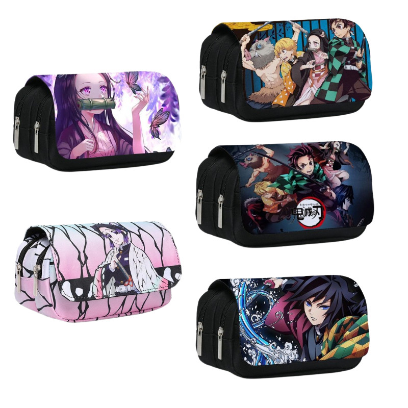 

Demon Slayer Pencil Bag Anime Tanjirou Zenitsu Giyuu Nezuko Double-Layer Storage Bag Cute Student