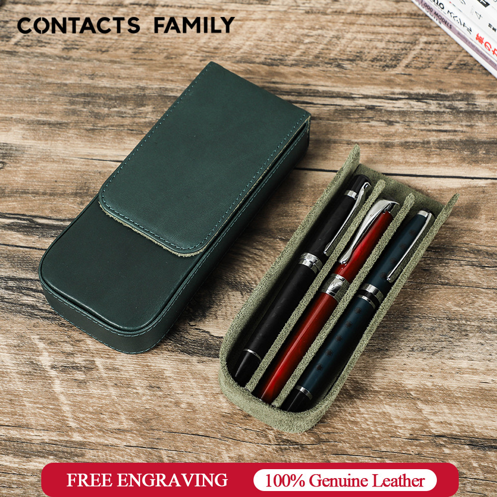 

Contacts Family Genuine Leather 3 Slots Pen Case With Removable Pen Tray Holder Pencil Case Men