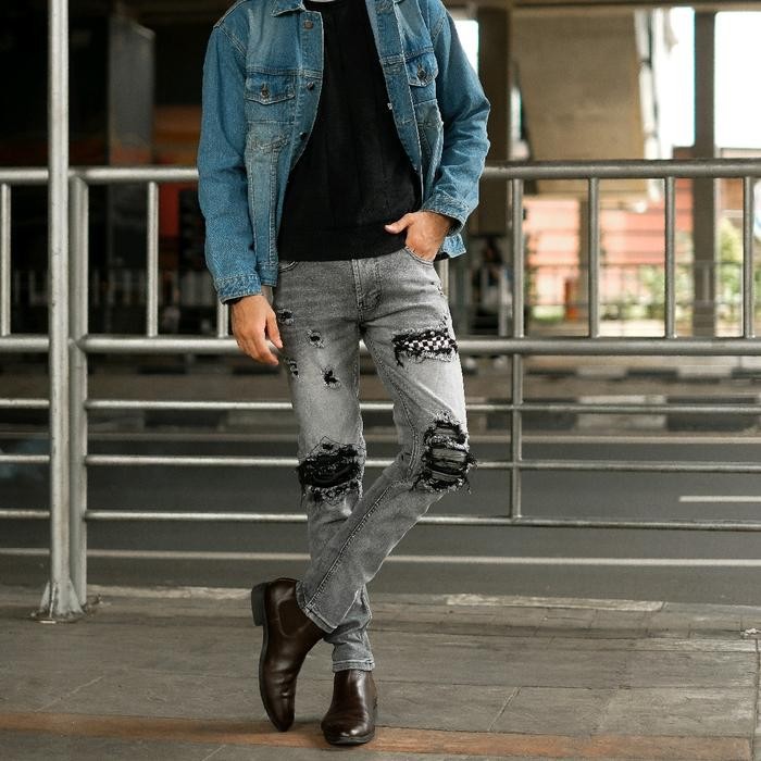 Rawman- North Denim Celana Jeans Denim Panjang Pria Strech Ripped Patch Leather Cotton -
