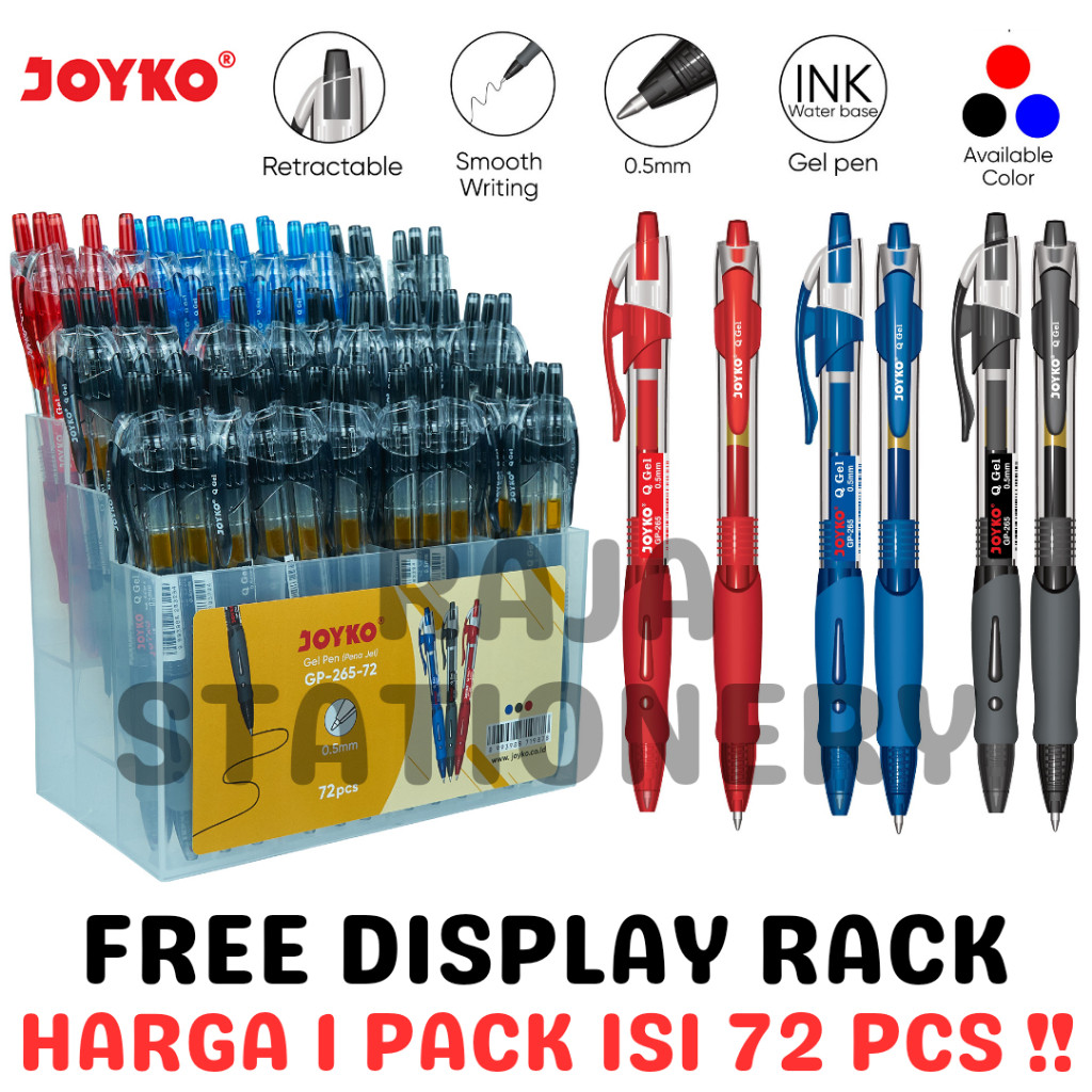 

JOYKO GEL PEN QGEL BLACK BLUE RED / PENA PULPEN JOYKO CETEK Q-GEL HITAM BIRU MERAH GP-265 PACK [72PCS] - RAJA BIGBOX
