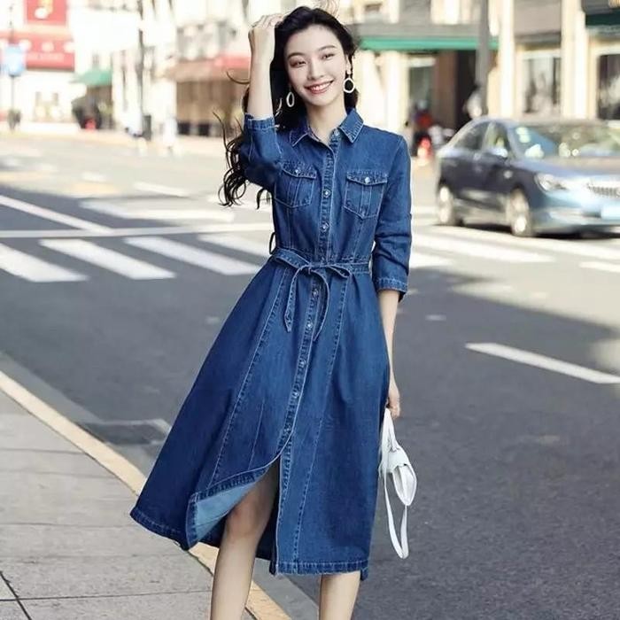Blumjean- Fast.Id99 Long Tunik Jeans Wanita Dengan Belt Pinggang Casual Dark Dress Panjang Maxi