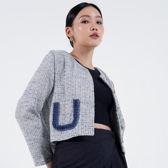 Wintessa- This Is April Atasan Cardigan Tweed Crop Wanita Lengan Panjang Pevita Outer Blue
