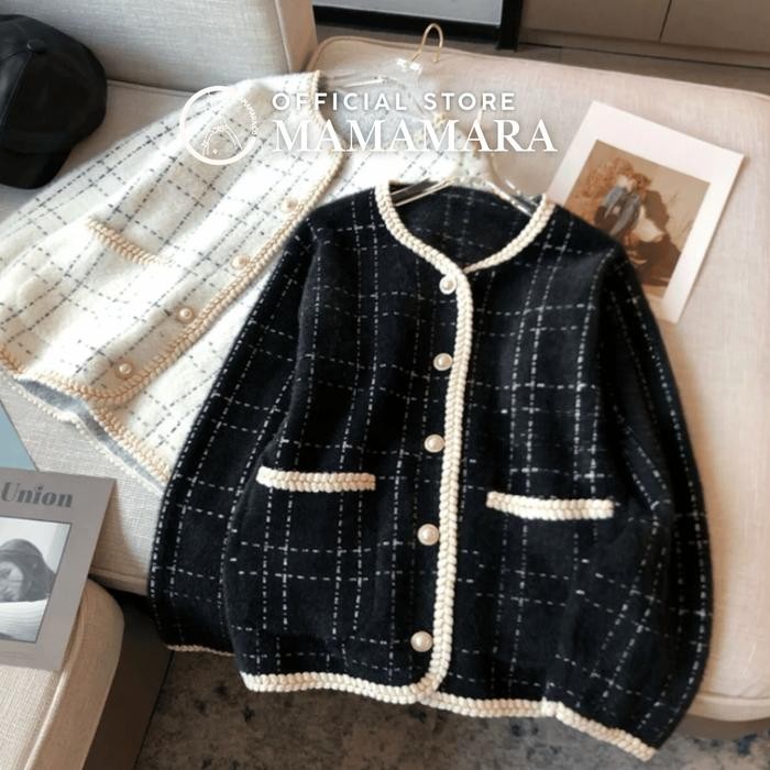 Wintessa- Mamamara - Blazer Bulu Polos Garis Santai Wol Setrip Panjang Hitam Putih Outer Variasi