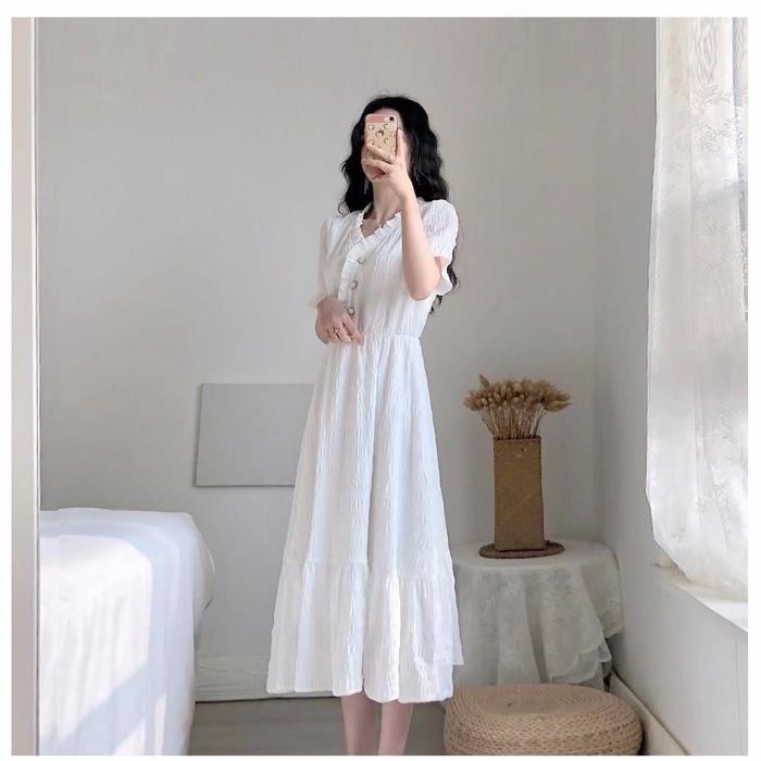Clavie- Missmoka Alice Midi Dress Flare Dress Kerah V Gaya Vintage Lengan Panjang/Pendek Putih