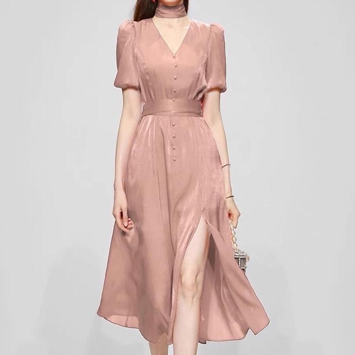 Clavie- Midi Dress Flowy Silk Elegant Slit V Neck Korean Import