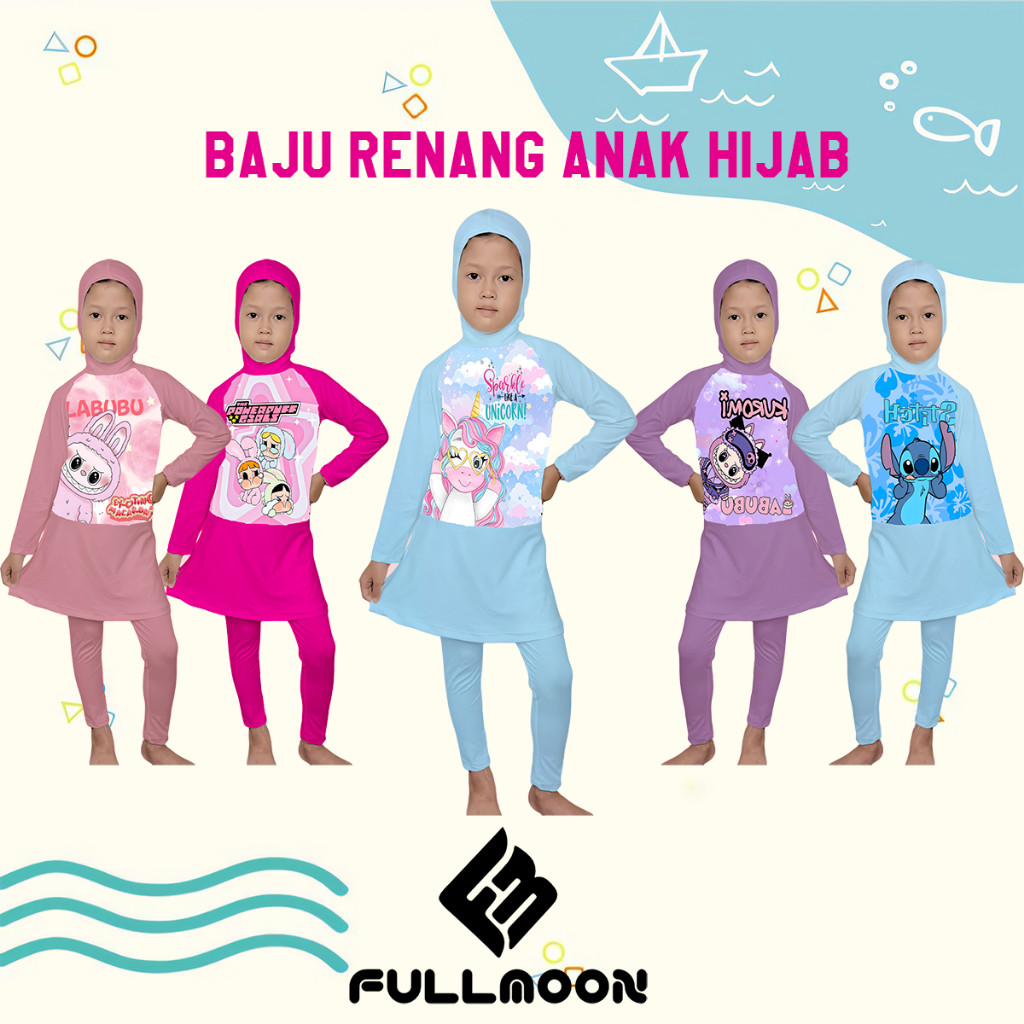 Putri Store - Fullmoon Baju Renang Anak Muslim Hijab Kerudung Motif Karakter Lucu