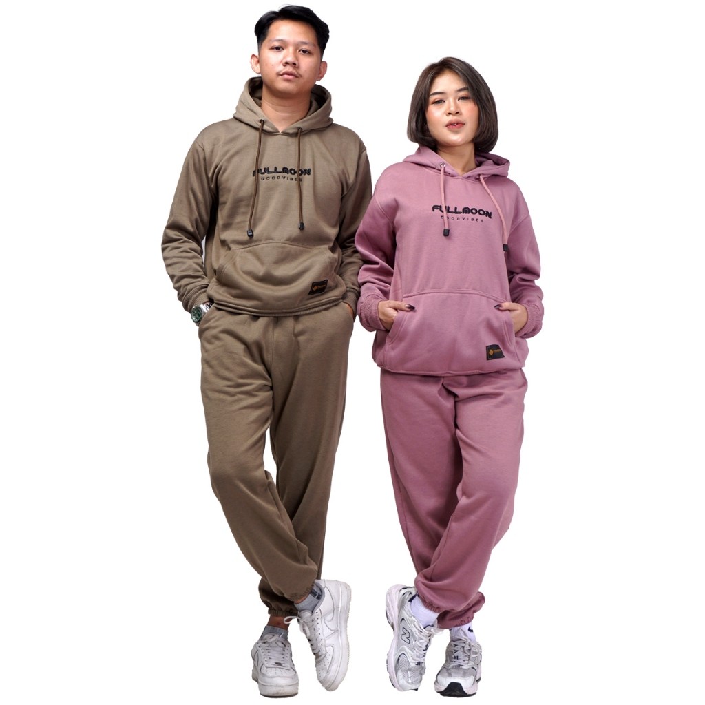 Putri Store - Fullmoon One Set Sweater Hoodie Jumper Celana Training Jogger Fleece Tebal Unisex Pria