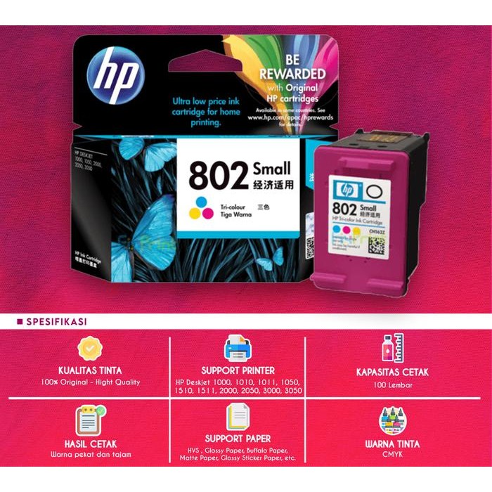 promo HP 802 Color CH562ZZ Cartridge Tinta Printer Deskjet 1000 1010 1050