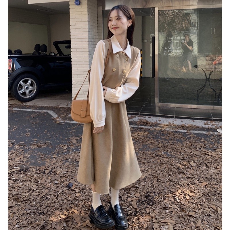 [NEW] Dress Retro Kasual Wanita Gaya Korea Dress Lengan Panjang Kerja Longgar