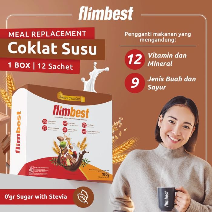 

PROMO Flimbest Meal Replacement Cokelat Susu 1 Box (12 Sachet) Multigrain SuperFood Susu Protein
