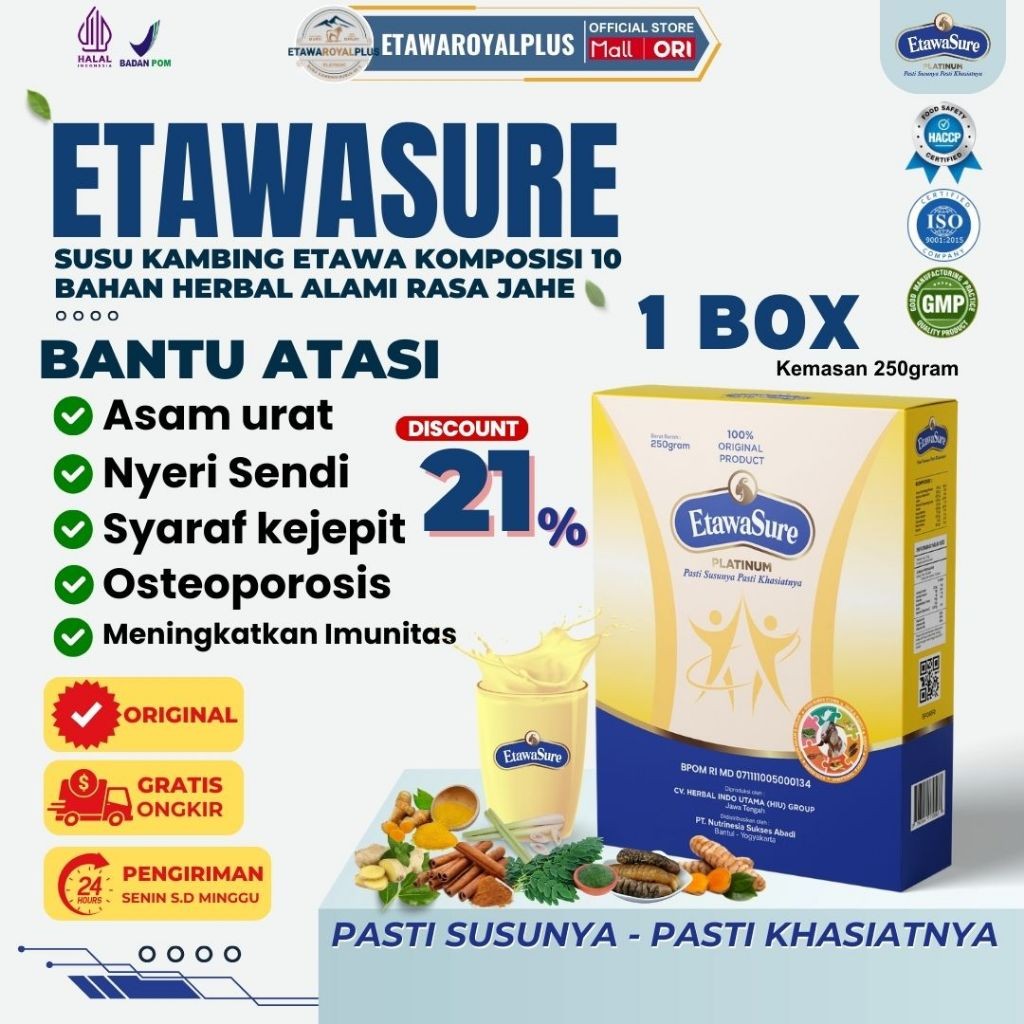 

ETAWASURE PLATINUM - SUSU KAMBING ETAWA TERAPI NYERI SENDI ASAM URAT & PEGAL LINU - 1 BOX 250G 100%
