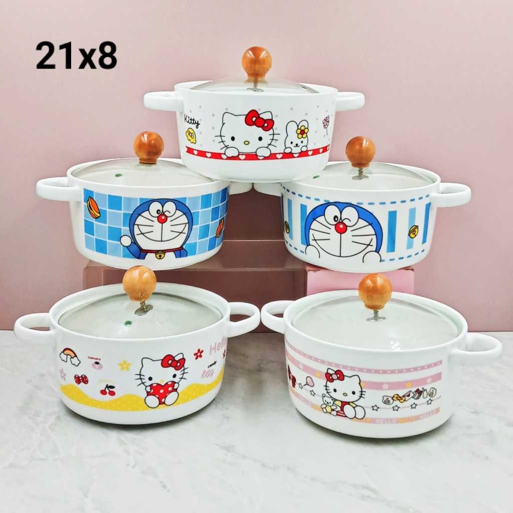 PANCI KERAMIK + TUTUP KACA PANCI KERAMIK HELLOKITTY PANCI KERAMIK DORAEMON