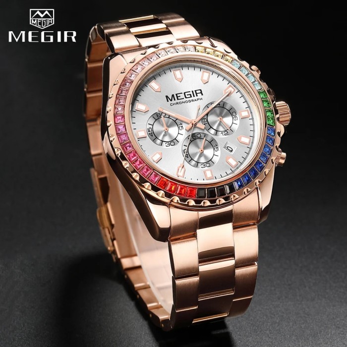 MEGIR Rose gold Luxury Rhinestone Quartz Chronograph Watch Mens