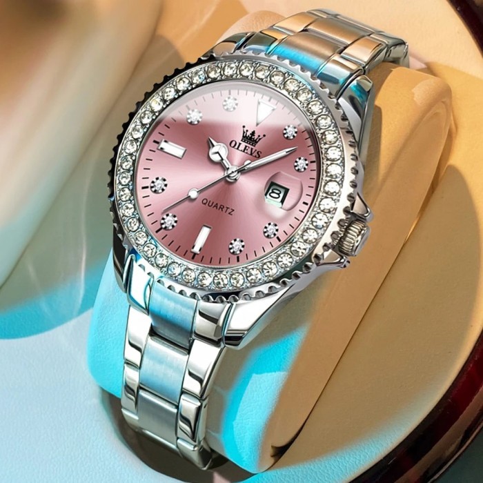 OLEVS Luxury Quartz Women's Watch Silver Bracelet Charming Rhinestone