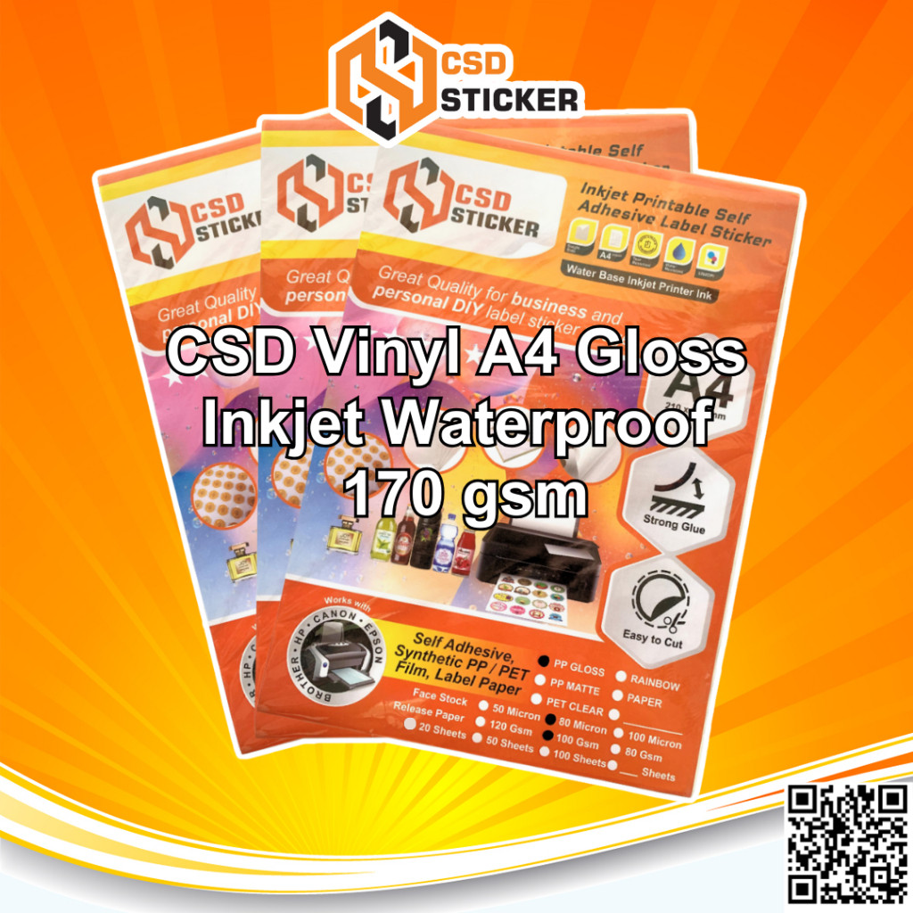 

CSD Sticker Vinyl Print Inkjet White Glos A4 Wateroof Stiker Plastik Anti Air Pack - 100 Lembar