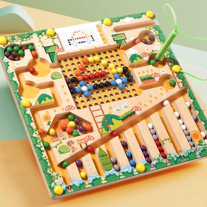 TERLARIS Variety Beads Magnetic Wooden Maze - Color Sorting Pattern Learning Counting and Drawing