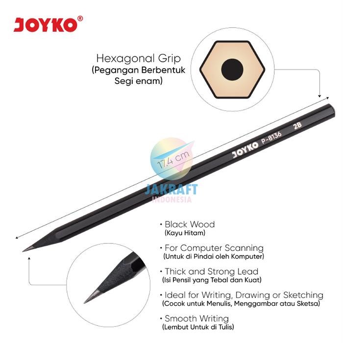 

Ready JT (12 Pcs) Pensil Tulis 2B JOYKO P-8136 Full Black Wood Kayu Hitam Asli Hexagonal Pencil